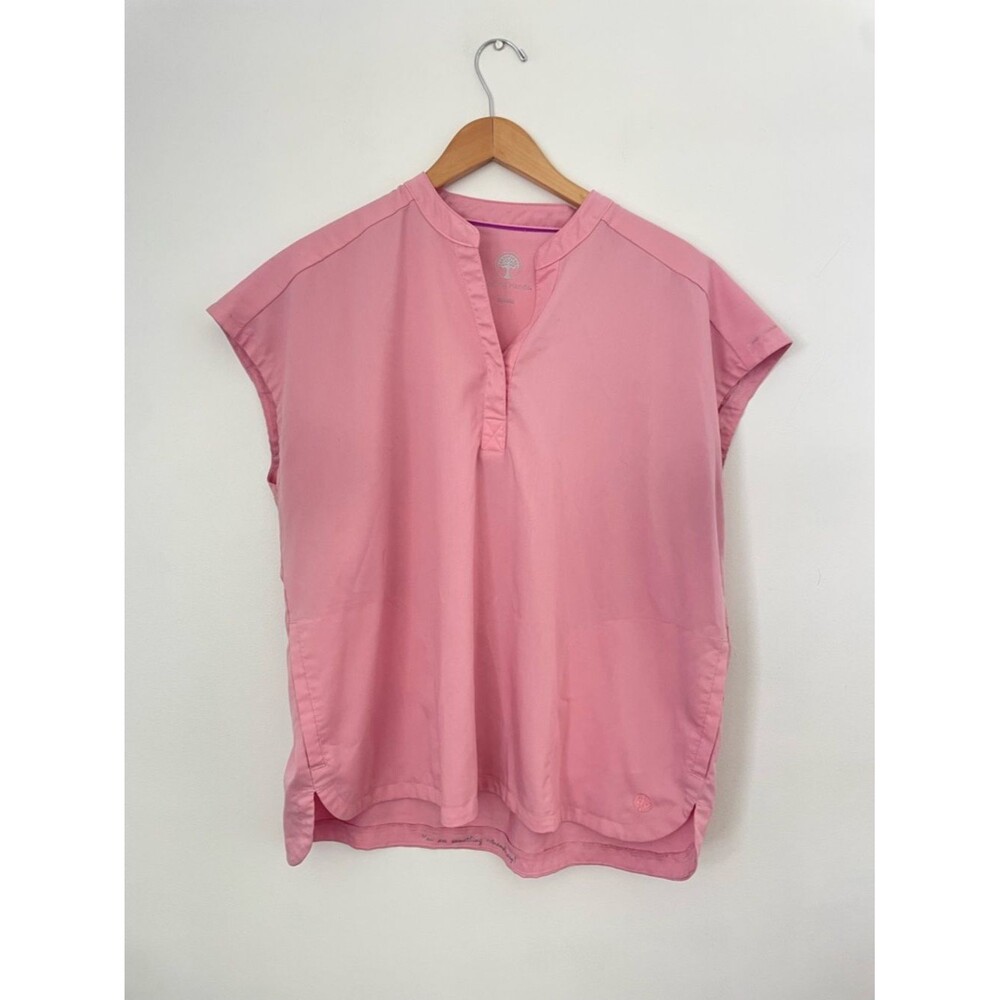 healing hands women’s scrub Pink Split-Neck Cap Sleeve top nursing size large